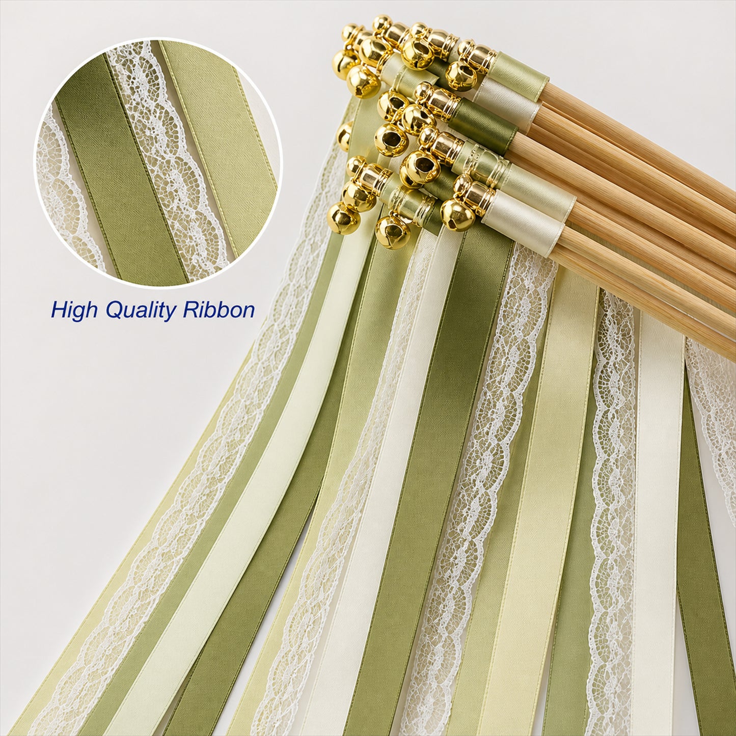 Handmade Olive, Sage, Ivory & White Satin & Lace Ribbon Wedding Wands with Bell