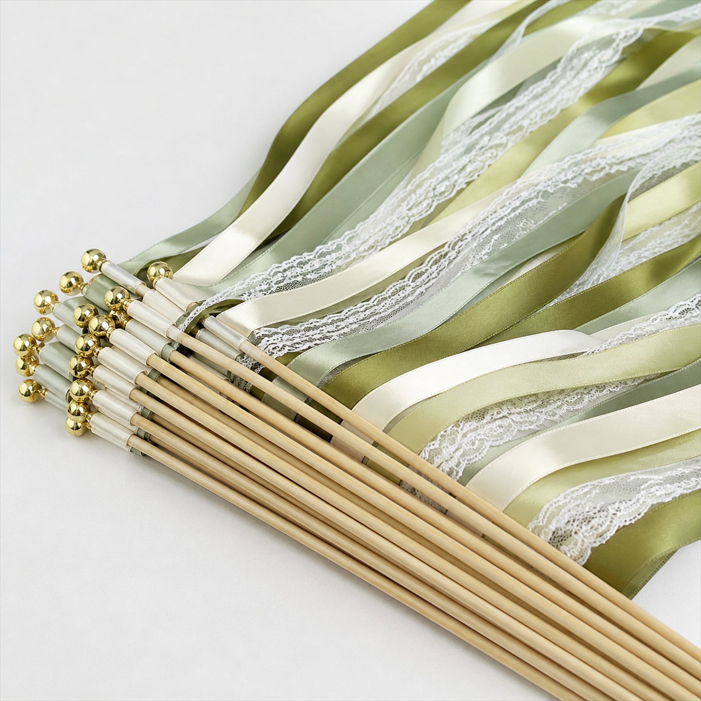 Handmade Olive, Sage, Ivory & White Satin & Lace Ribbon Wedding Wands with Bell