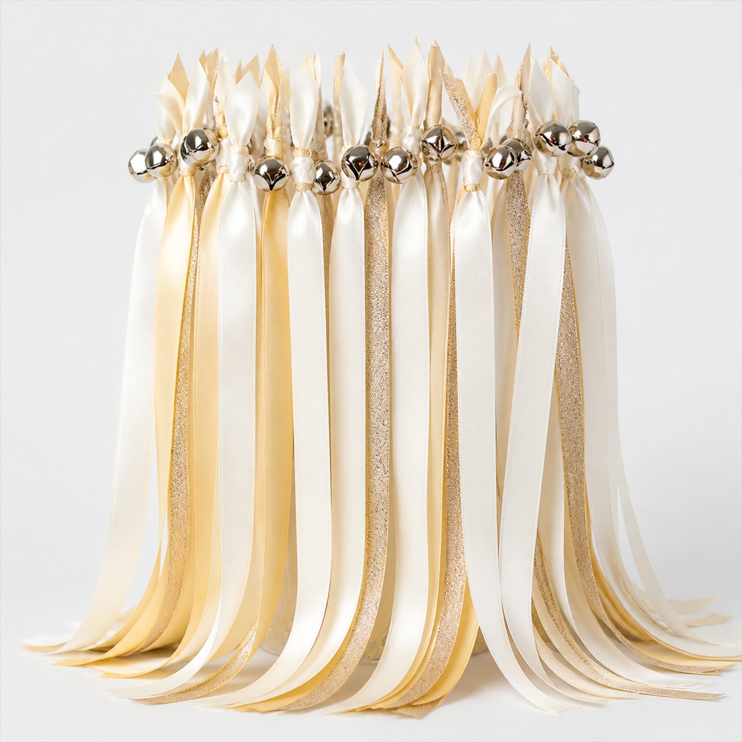 Handmade Ivory, Champagne & Gold Glitter Satin & Glitter Ribbon Wedding Wands with Bell