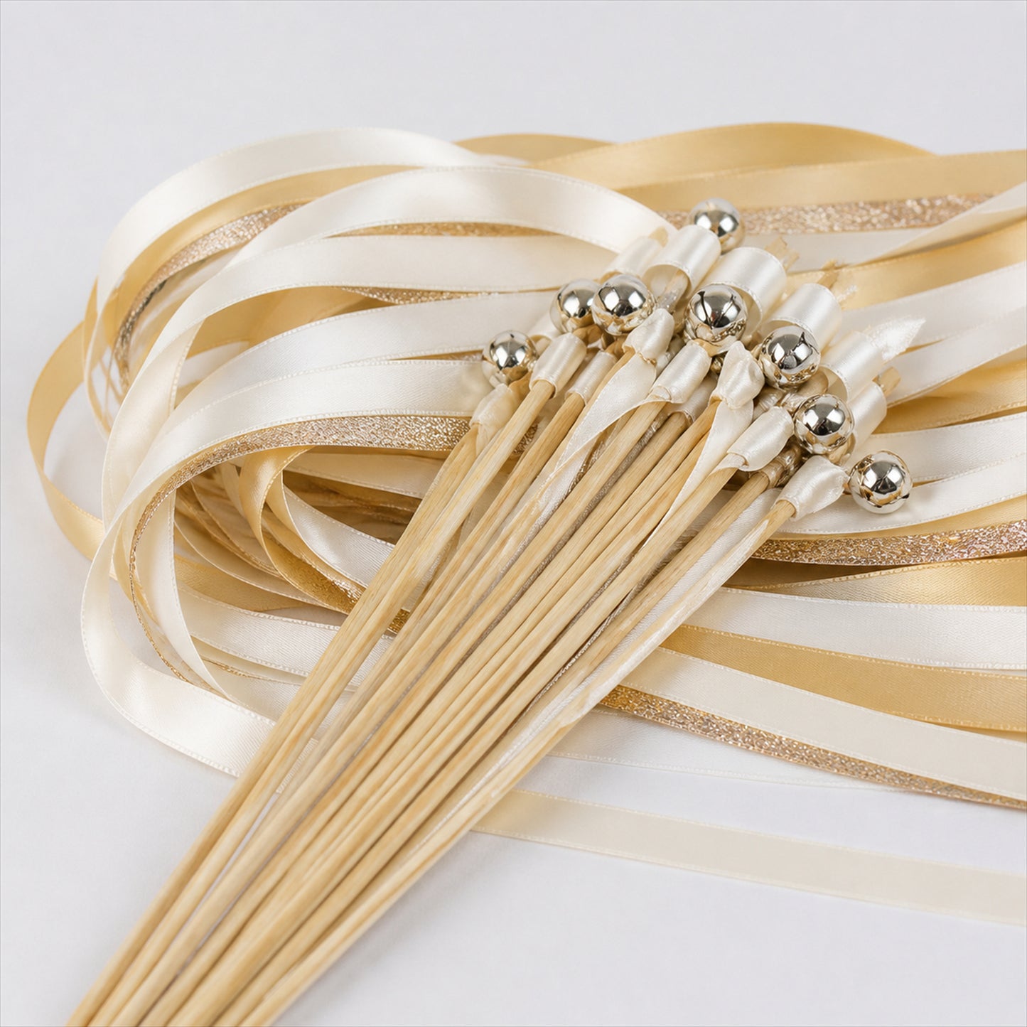 Handmade Ivory, Champagne & Gold Glitter Satin & Glitter Ribbon Wedding Wands with Bell