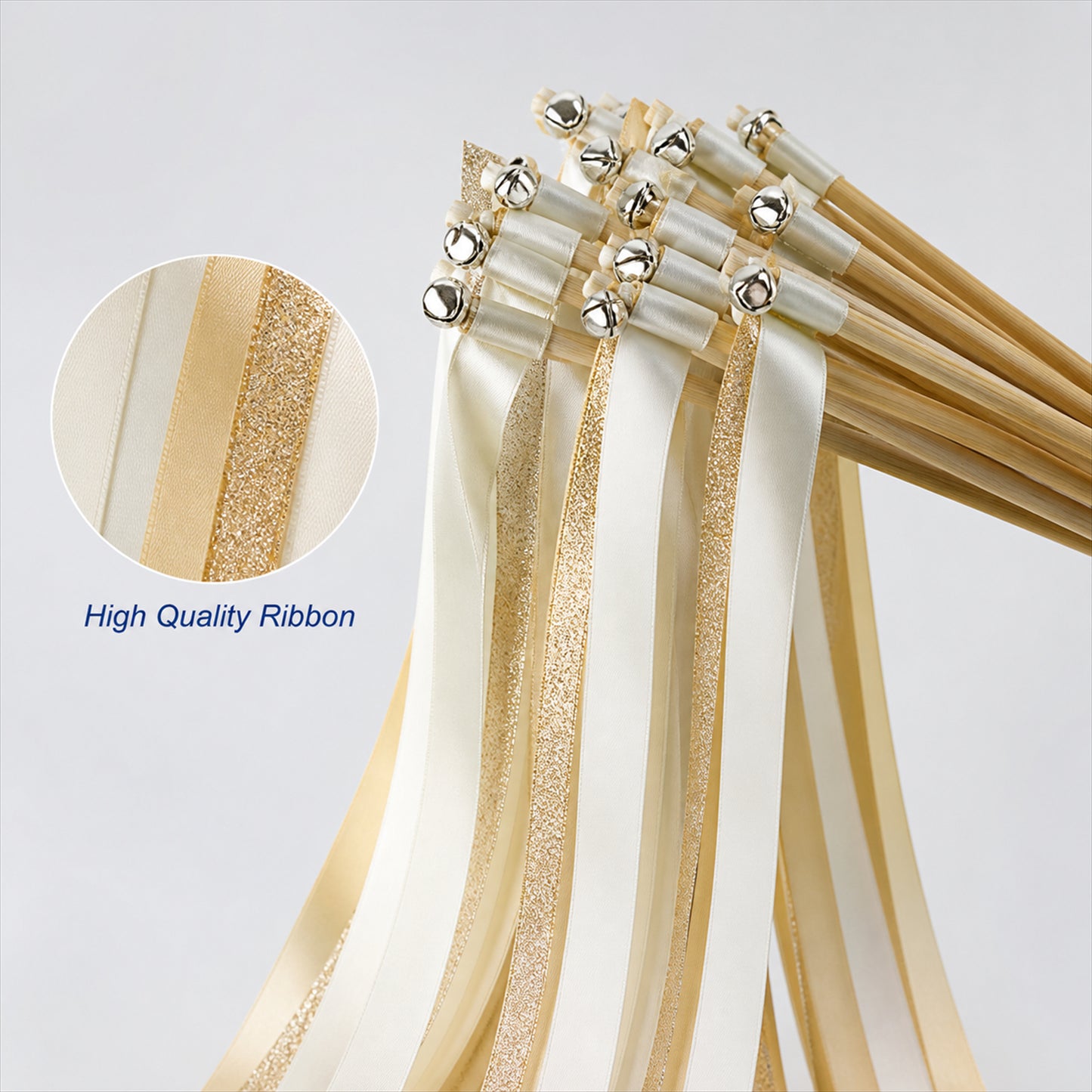 Handmade Ivory, Champagne & Gold Glitter Satin & Glitter Ribbon Wedding Wands with Bell