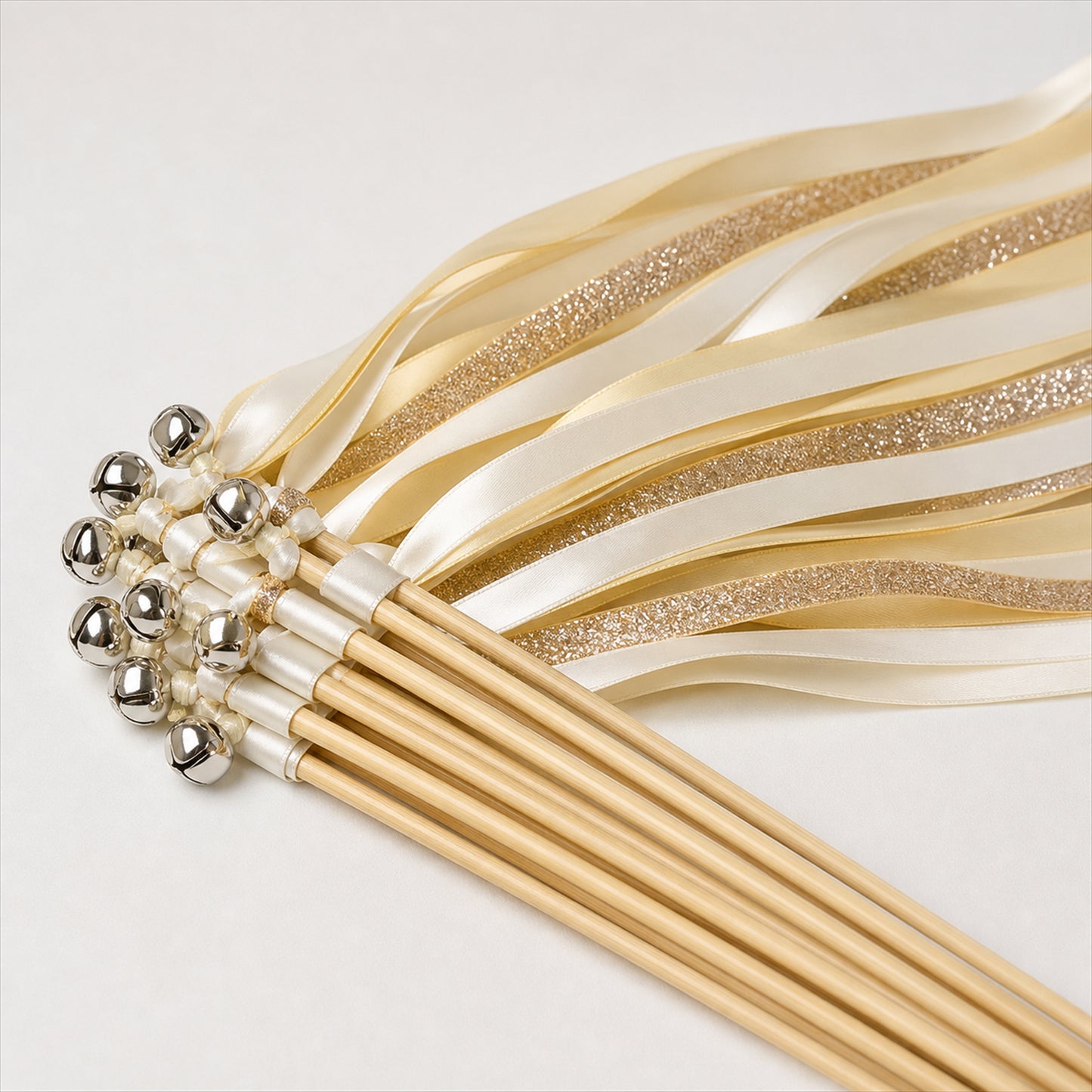 Handmade Ivory, Champagne & Gold Glitter Satin & Glitter Ribbon Wedding Wands with Bell