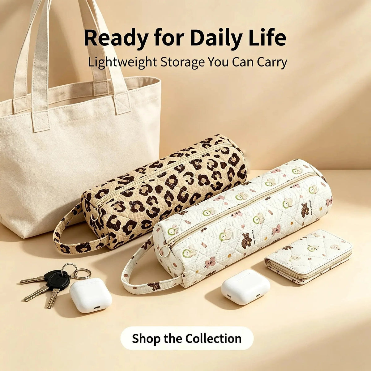 Quilted Multi‐Purpose Storage Bag, Portable Zipper Cosmetic Makeup Pouch with Handle