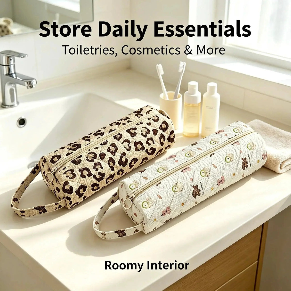 Quilted Multi‐Purpose Storage Bag, Portable Zipper Cosmetic Makeup Pouch with Handle