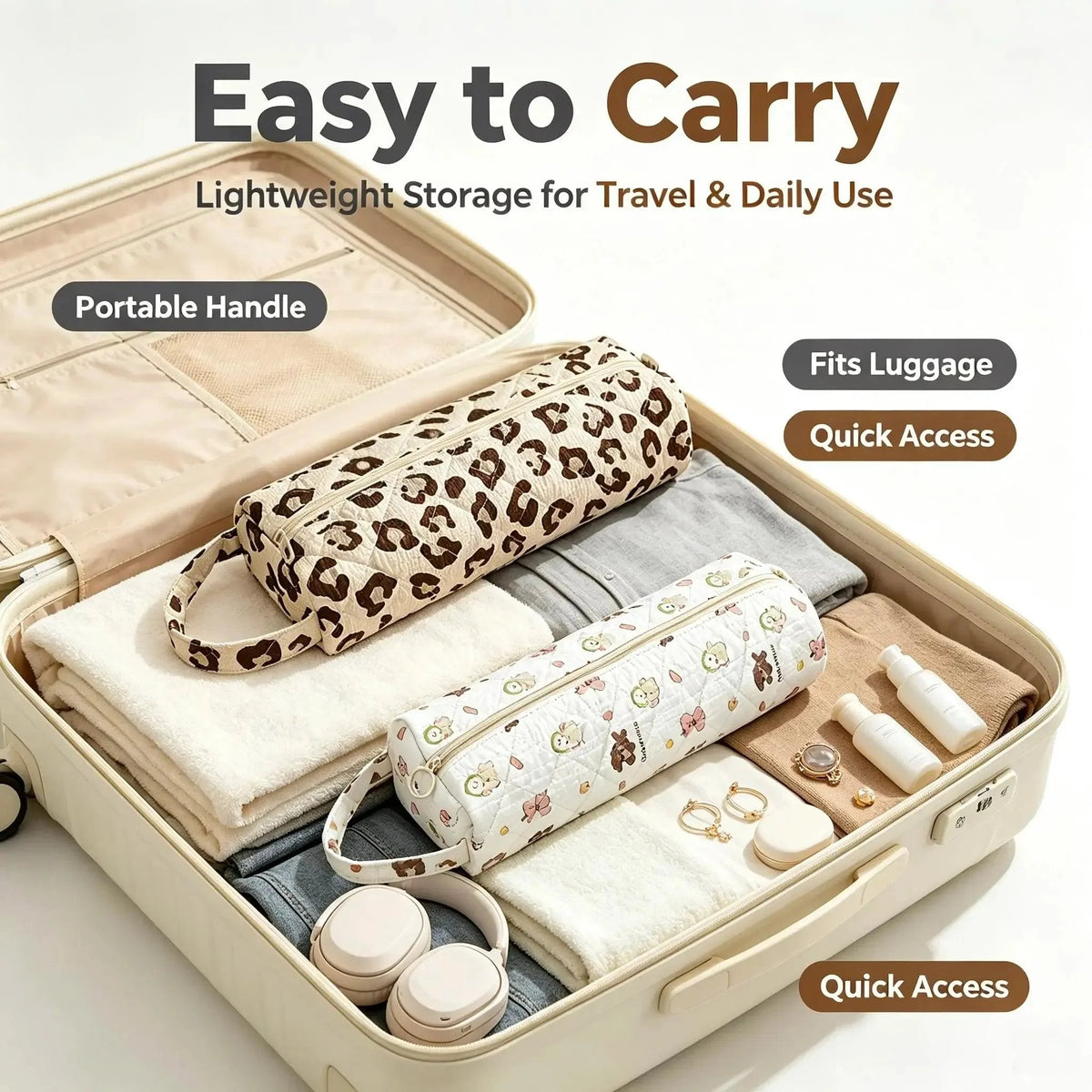 Quilted Multi‐Purpose Storage Bag, Portable Zipper Cosmetic Makeup Pouch with Handle