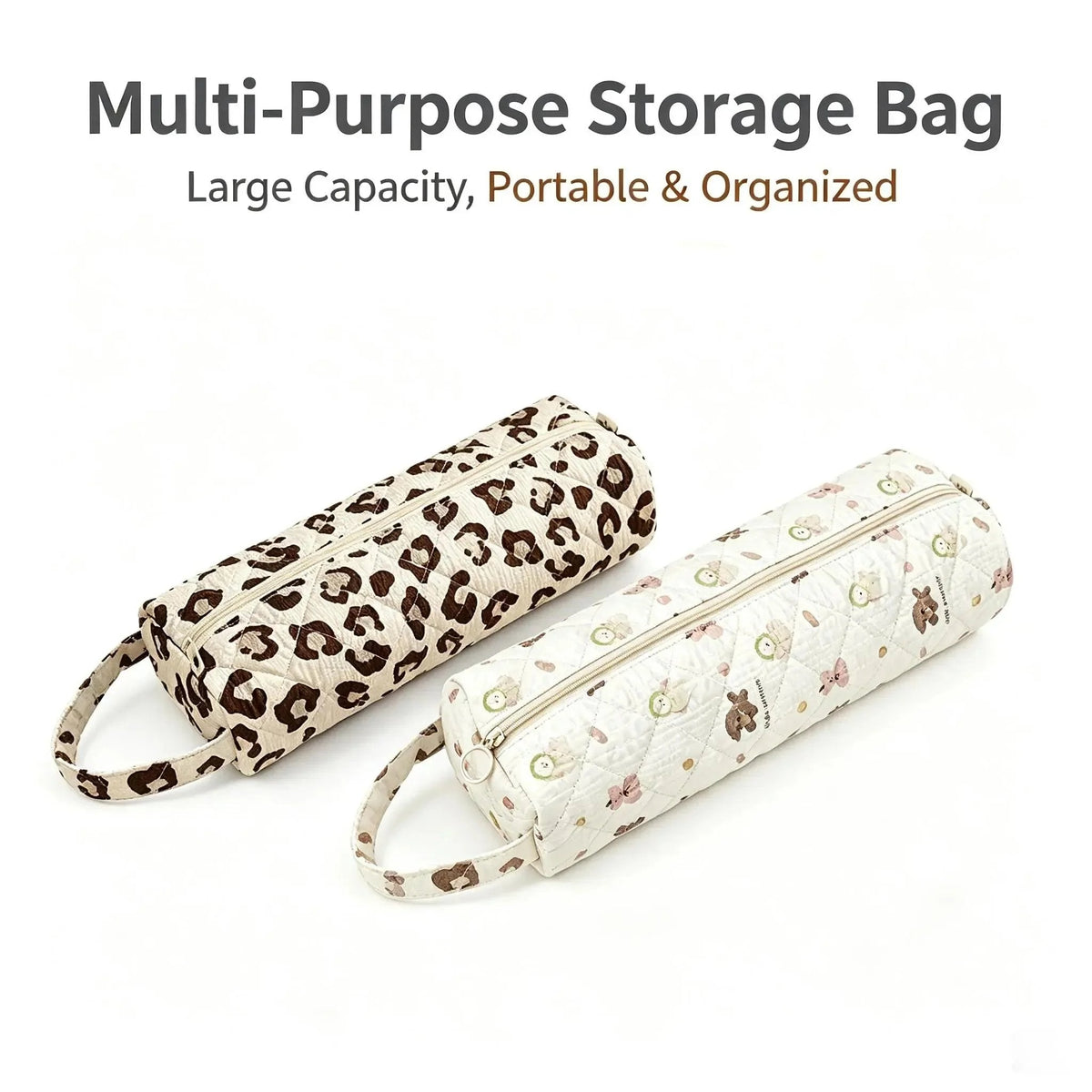 Quilted Multi‐Purpose Storage Bag, Portable Zipper Cosmetic Makeup Pouch with Handle