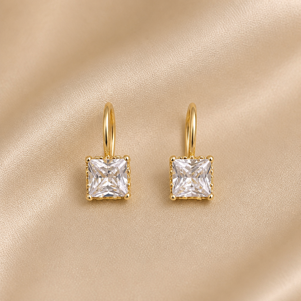 LumaLuxe™ – Dainty Square-Cut Crystal Drop Earrings in Gold