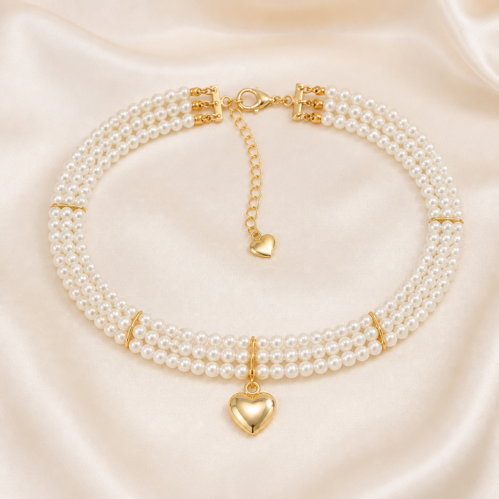 LumaLuxe™ – Romantic Triple-Strand Pearl Choker with Gold Heart Pendant
