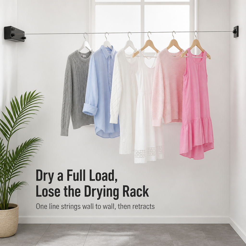 RoomFlow — Dry a Full Load, Then Vanish Your Clothesline Flat to the Wall