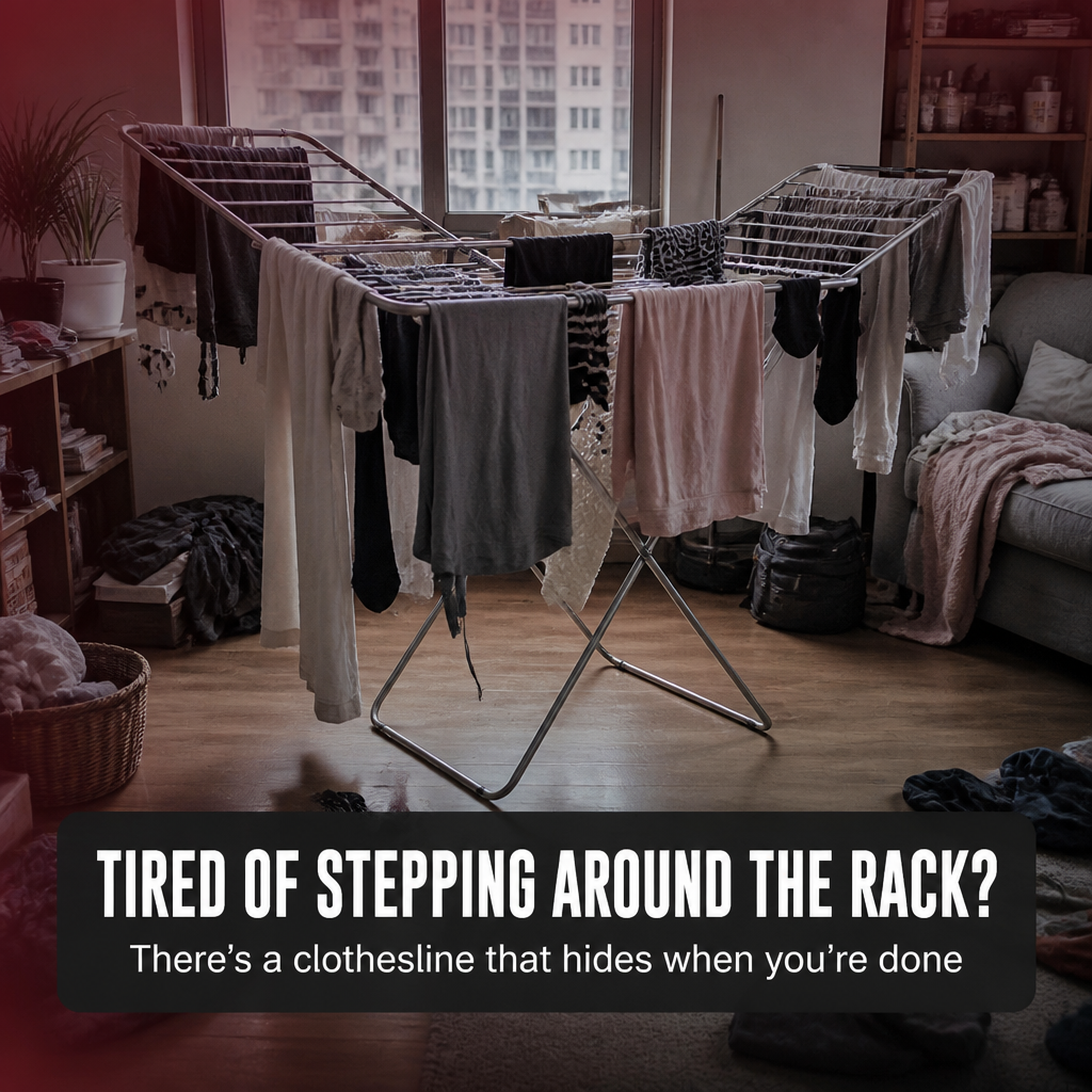 RoomFlow — Dry a Full Load, Then Vanish Your Clothesline Flat to the Wall