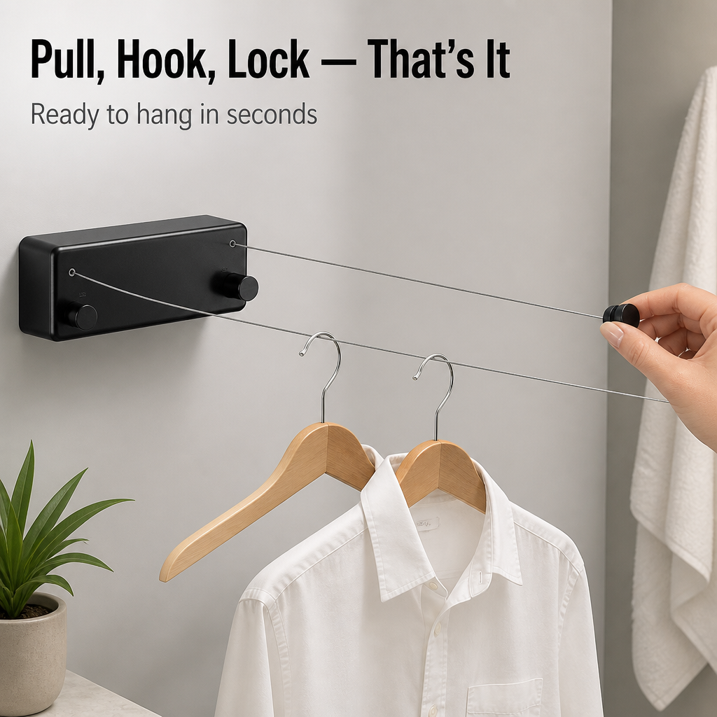 RoomFlow — Dry a Full Load, Then Vanish Your Clothesline Flat to the Wall