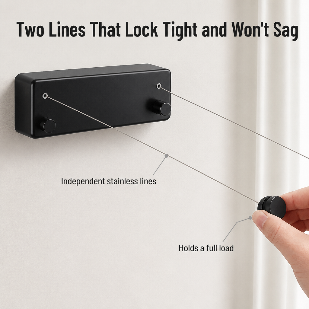 RoomFlow — Dry a Full Load, Then Vanish Your Clothesline Flat to the Wall