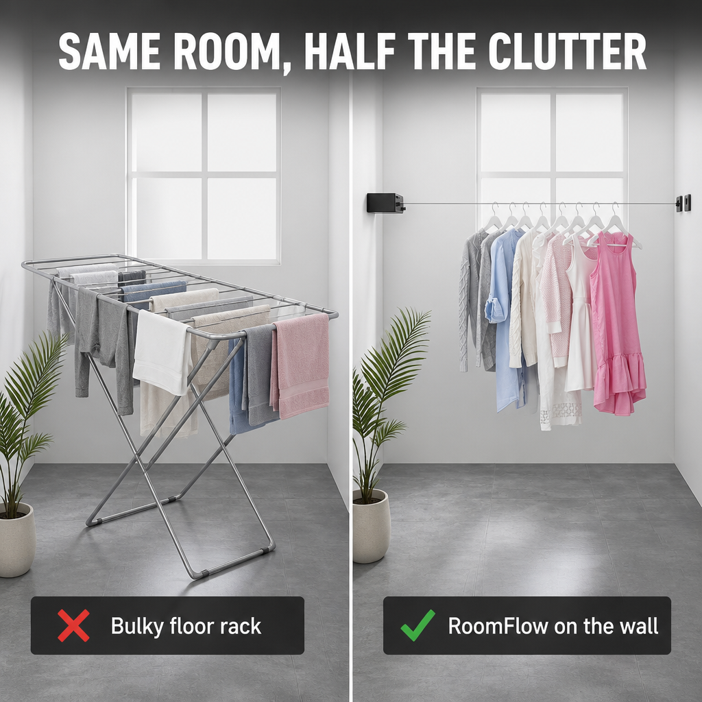 RoomFlow — Dry a Full Load, Then Vanish Your Clothesline Flat to the Wall