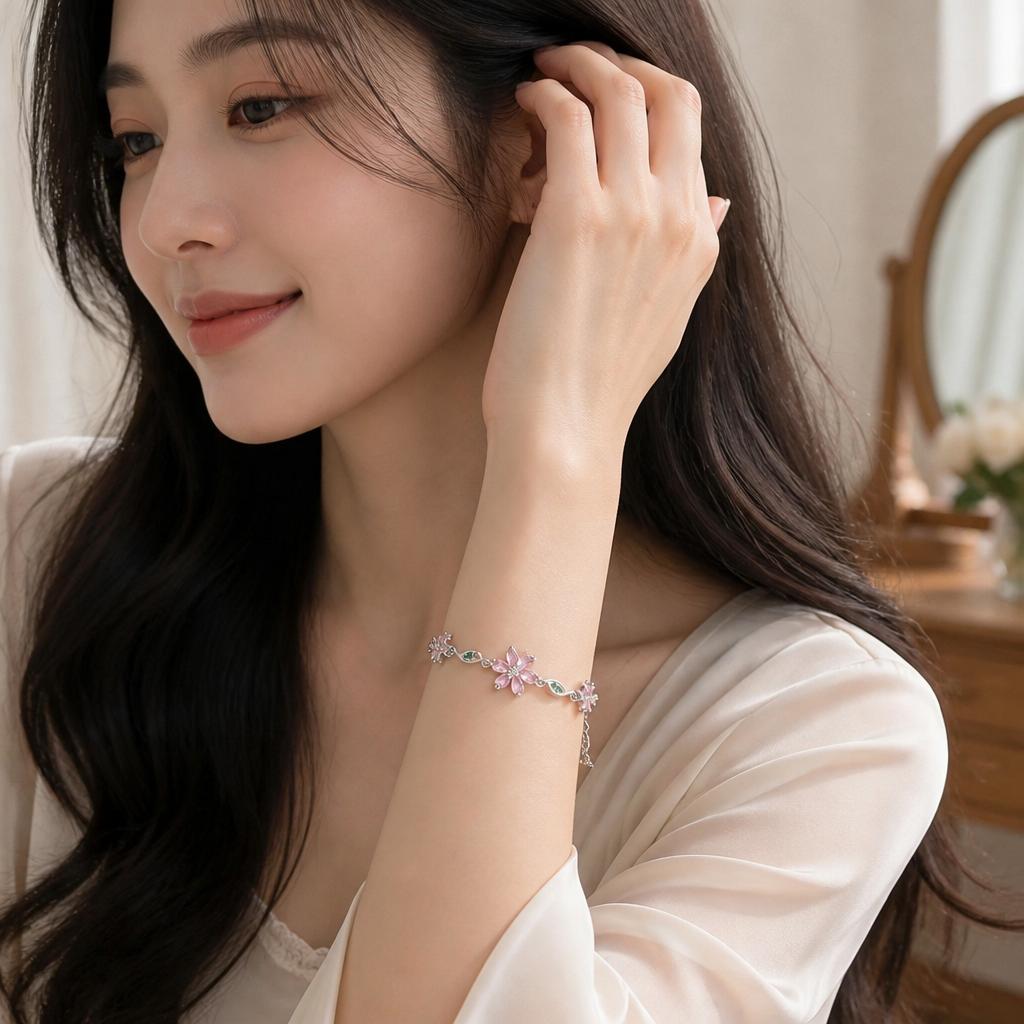 FleurAura™ – Delicate Cherry Blossom Crystal Bracelet with Adjustable Vine Chain