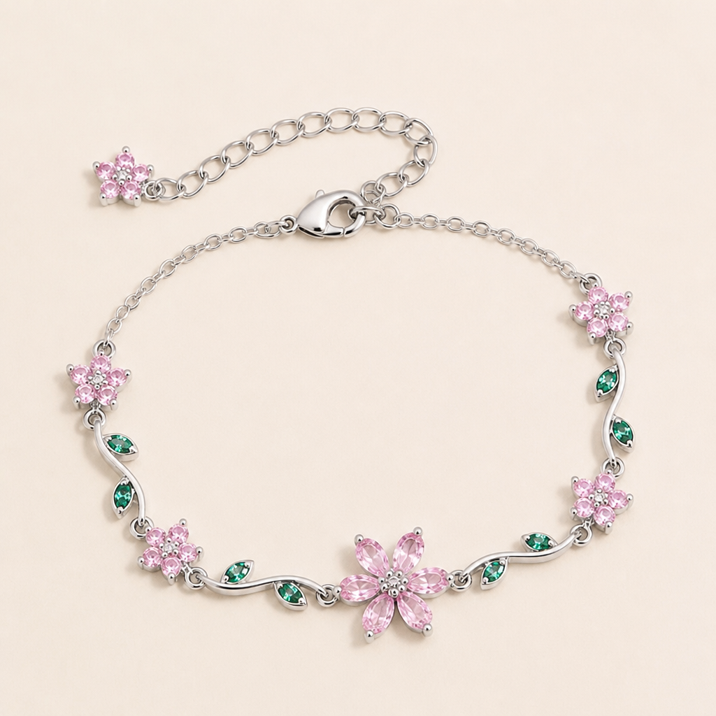 FleurAura™ – Delicate Cherry Blossom Crystal Bracelet with Adjustable Vine Chain