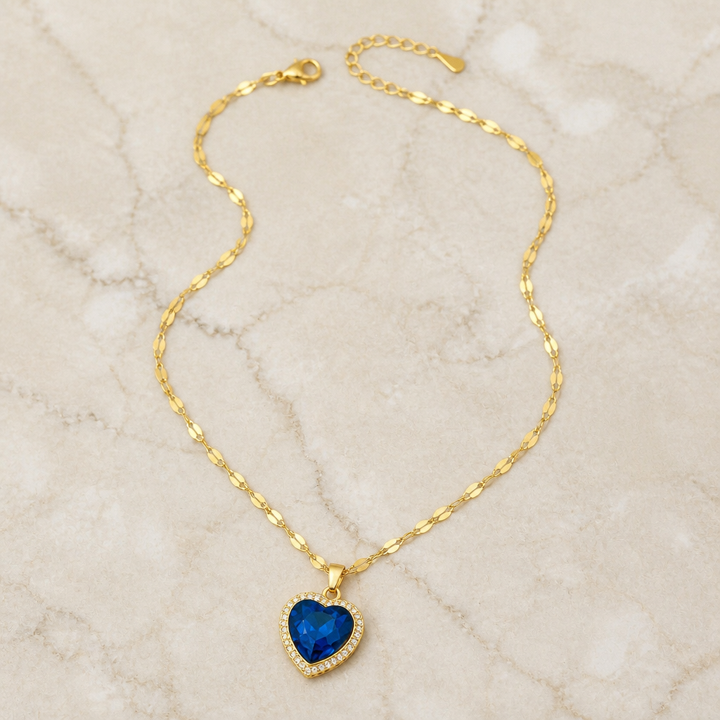 LioraCharm™ – Sparkling Sapphire Heart Pendant Necklace with Pavé Halo
