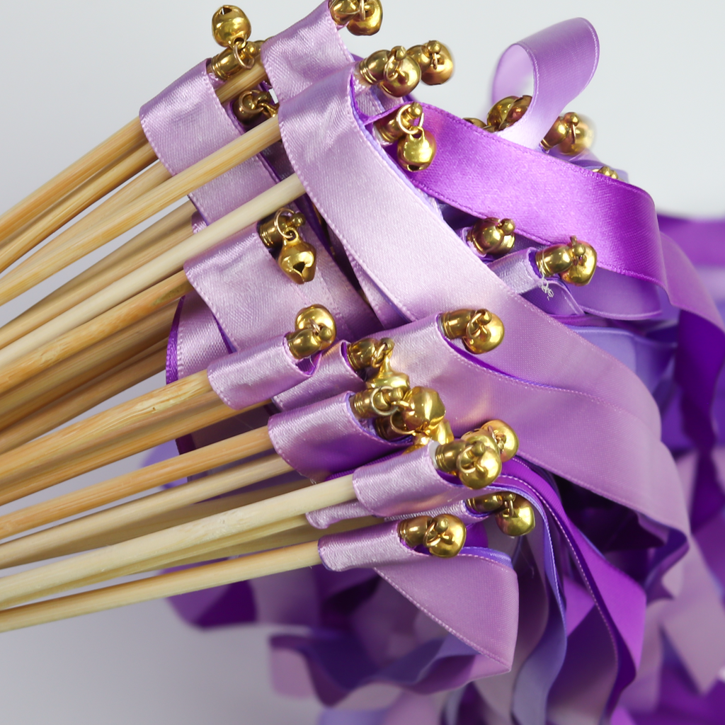 Luxury Purple Ribbon Wands with Gold Bells for Fairytale Wedding Send Off