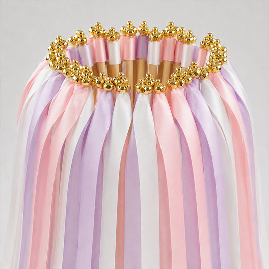 Handmade Blush Pink, Lilac & White Satin Ribbon Wedding Wands with Bell