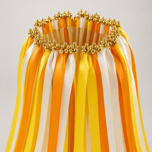 Handmade Lemon Yellow, Orange & Ivory Satin Ribbon Wedding Wands with Bell