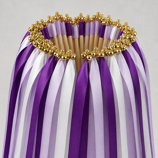 Handmade Plum, Purple, Lavender & White Satin Ribbon Wedding Wands with Bell