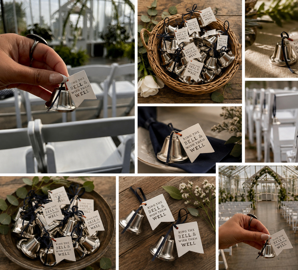 A collage of wedding event decor photos showing small silver bells tied to white chair tags with handwritten notes that read 'ring the bell and wish them well' displayed in venues with white chairs and floral arrangements.