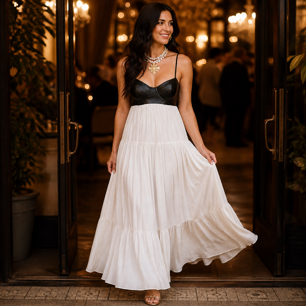 NoirFemme™ – Bold Faux-Leather Bustier Tiered Maxi Dress