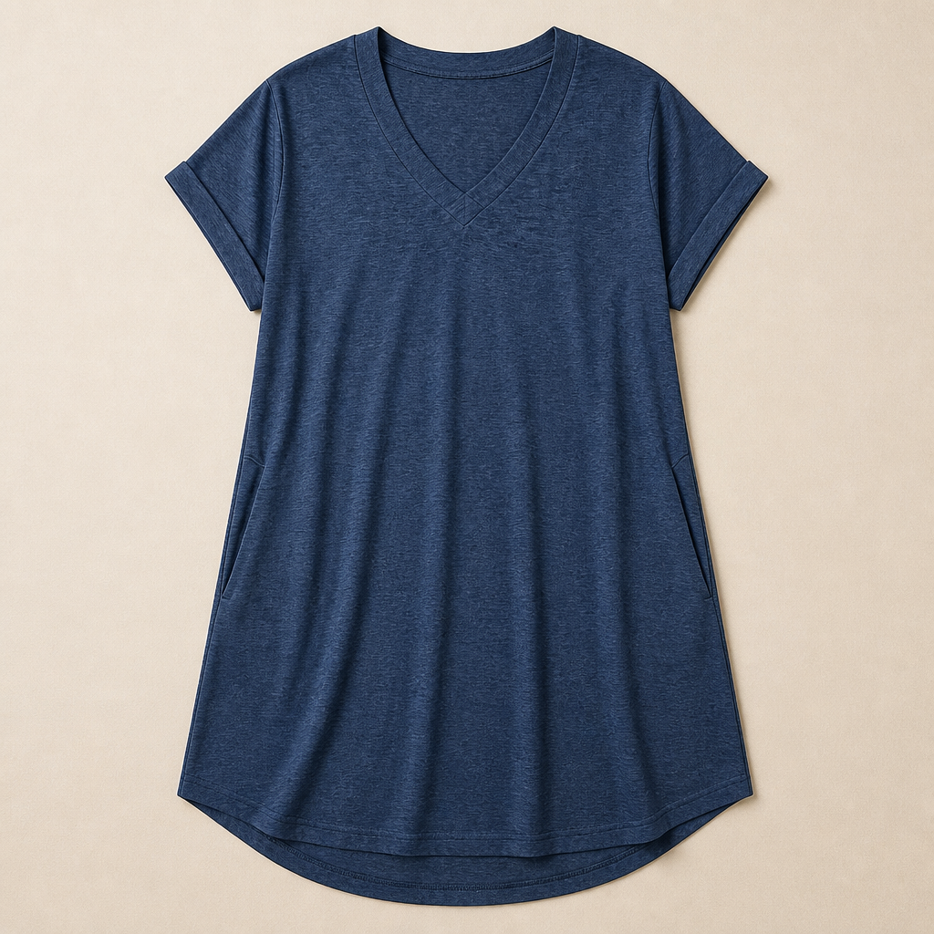 LumiBella™ – Soft Relaxed V-Neck T-Shirt Dress with Side Pockets