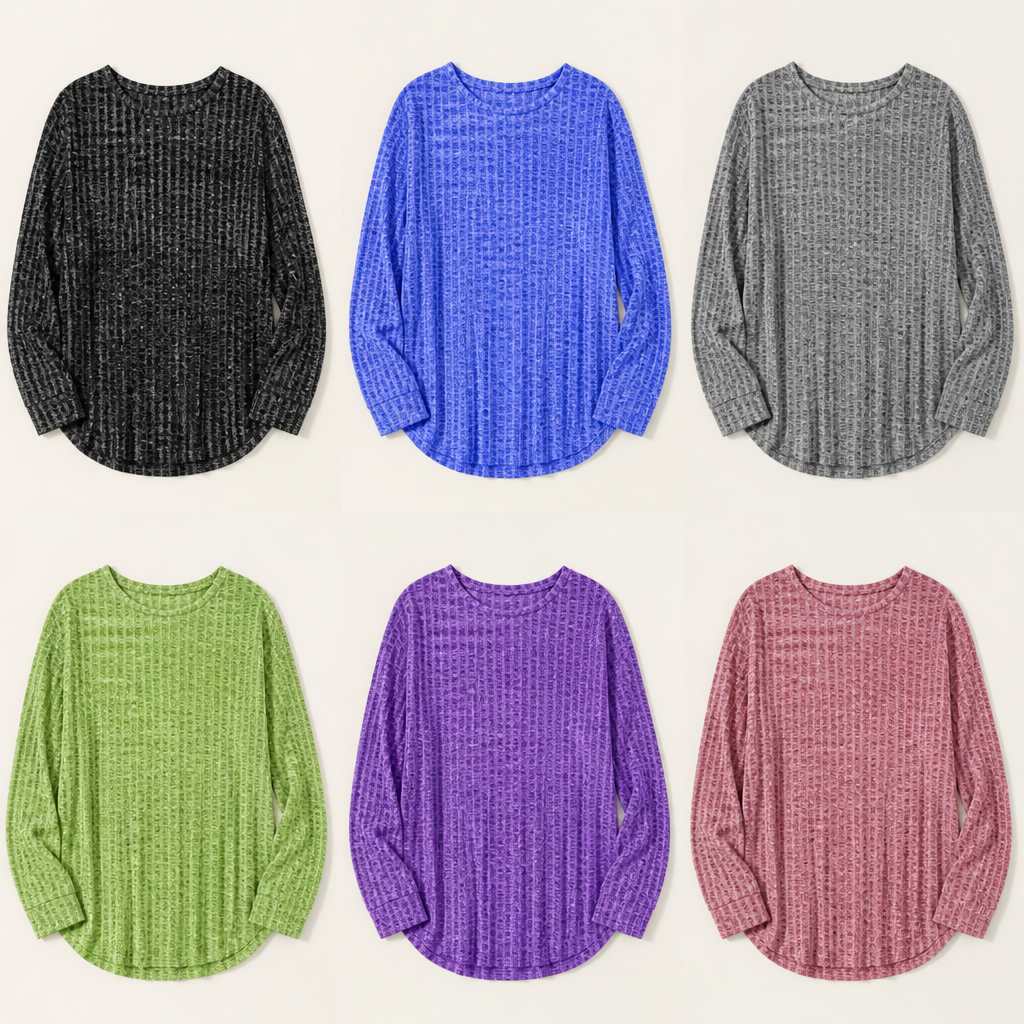 LunaRay™ – Relaxed Waffle-Knit Long Sleeve Top with Curved Hem