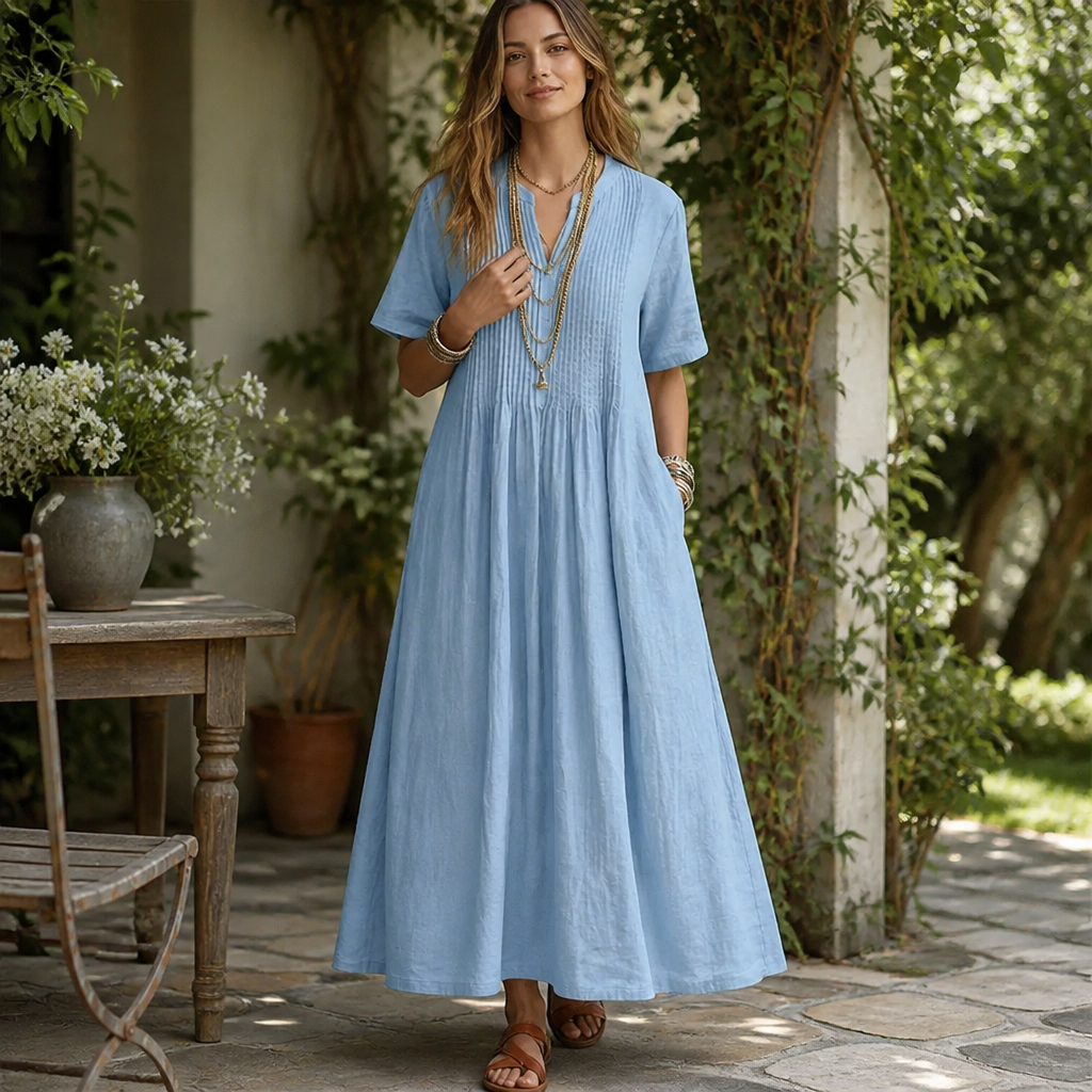 LioraBelle™ – Relaxed Pintuck Linen Maxi Dress with Pockets