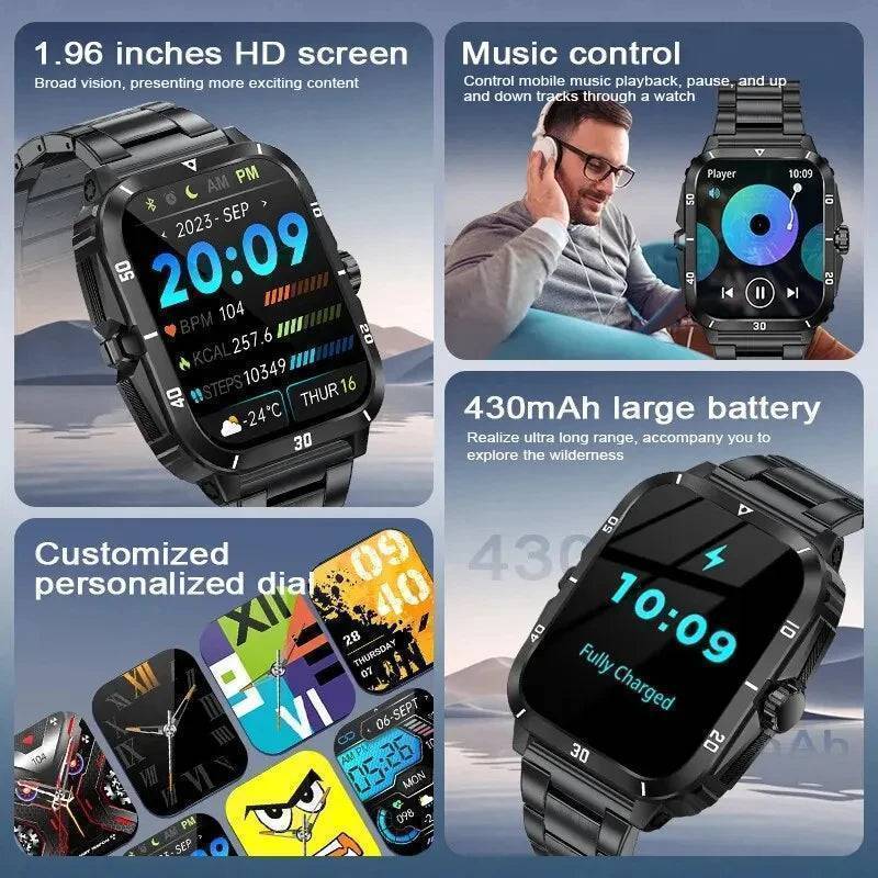 Men's Durable Military-Style Smartwatch with Bluetooth Calling & Fitness Tracking