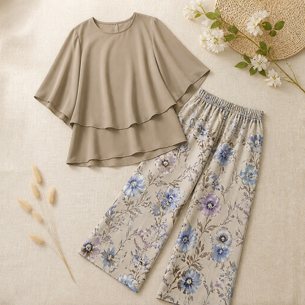 Flexara™ – Elegant Layered Chiffon Top and Wide-Leg Printed Pant Set