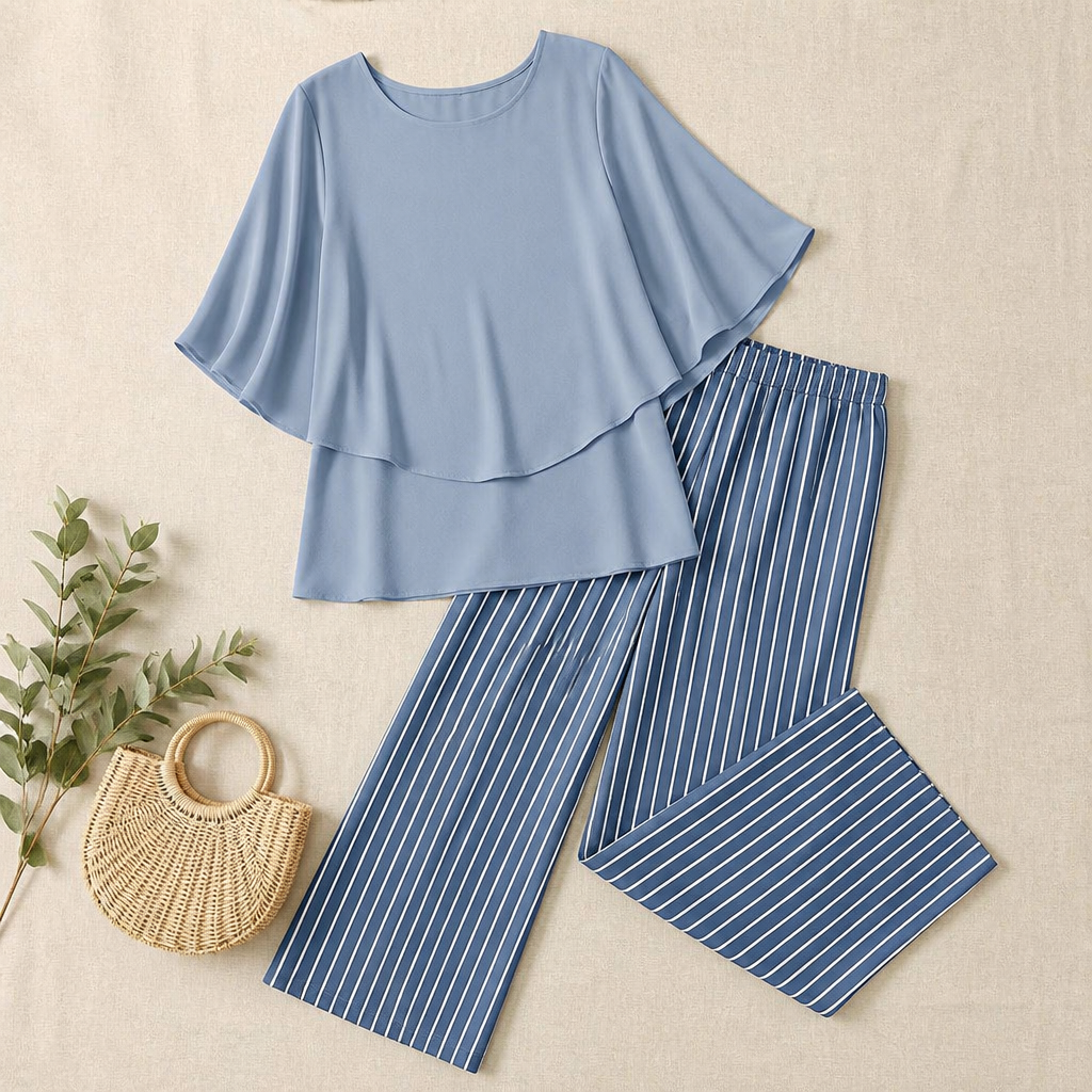 Flexara™ – Elegant Layered Chiffon Top and Wide-Leg Printed Pant Set