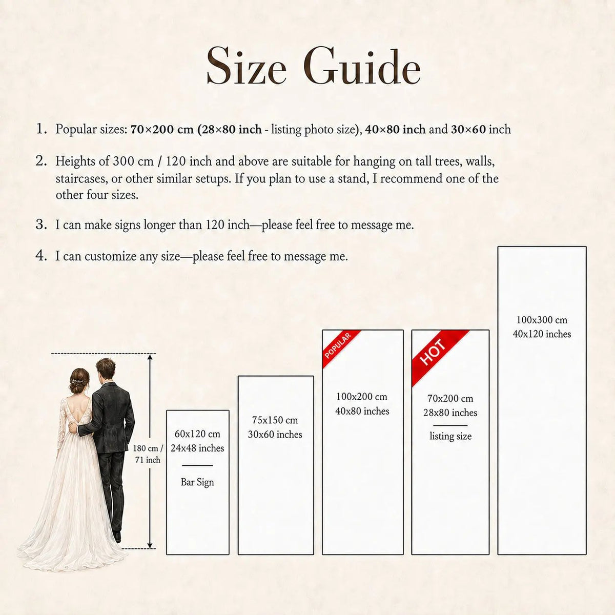 Size guide chart showing available photo booth backdrop dimensions in centimeters and inches, with text listing popular sizes and height recommendations, plus a small illustration of a bride and groom beside the width measurements.