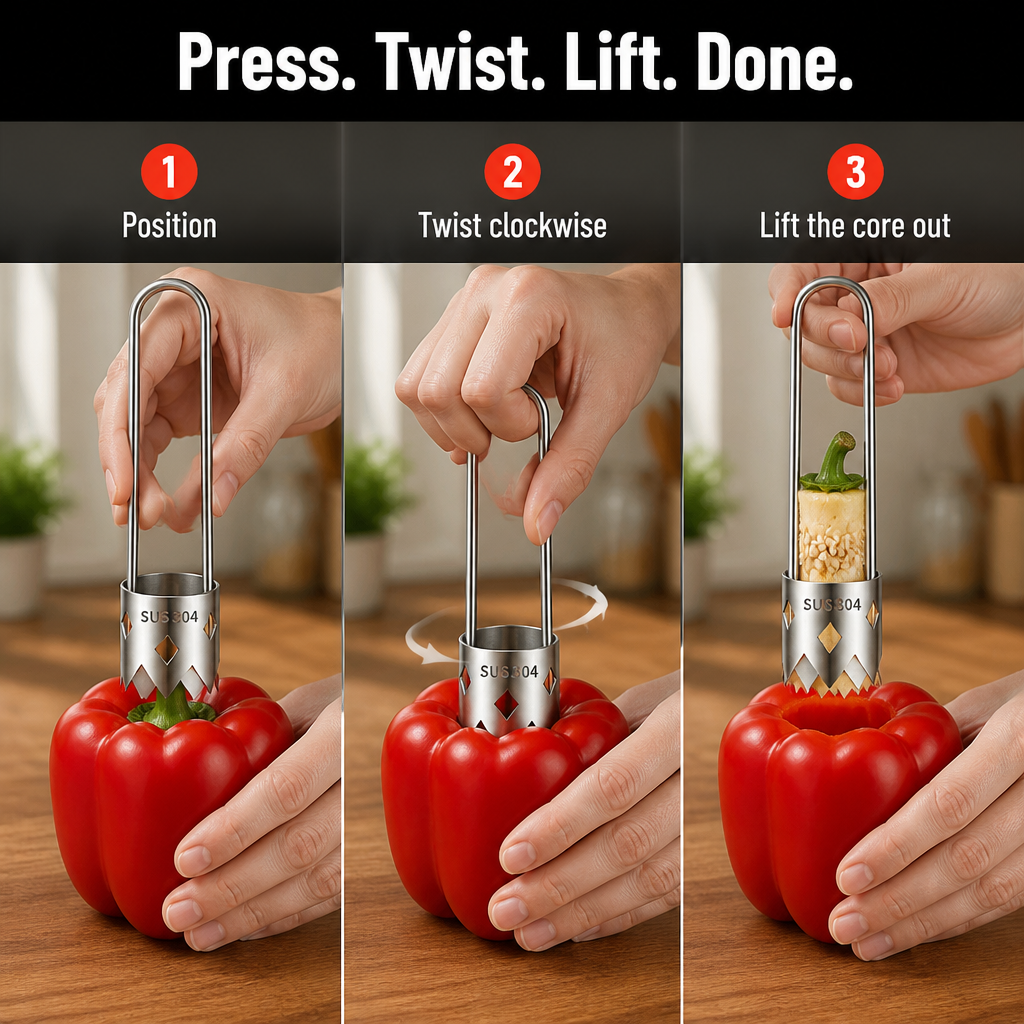 SteelCore — Core Peppers, Apples & Pears in One Twist, Zero Seed Mess