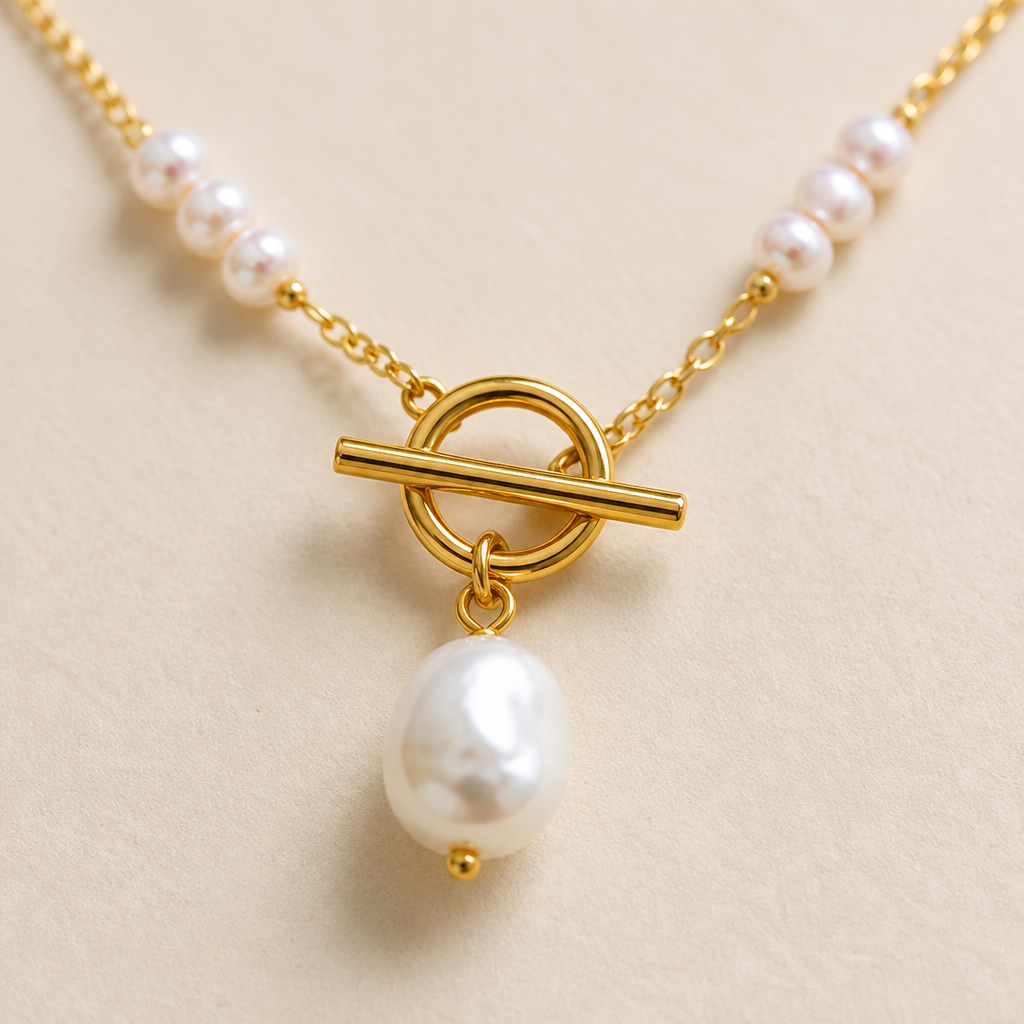 LuminaLuxe™ – Modern Pearl Toggle Necklace with Baroque Drop