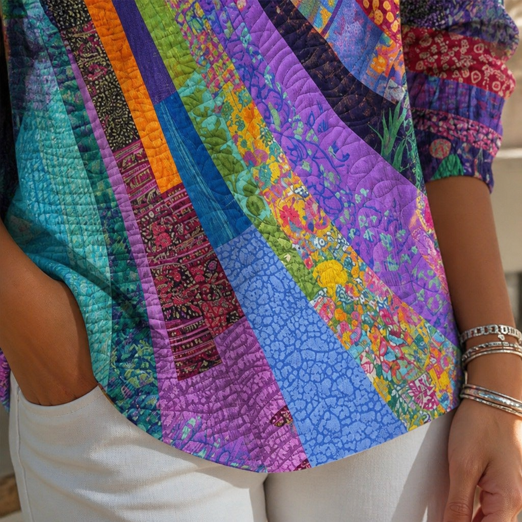 LuxeVera™ – Vibrant Sunburst Patchwork V-Neck Blouse