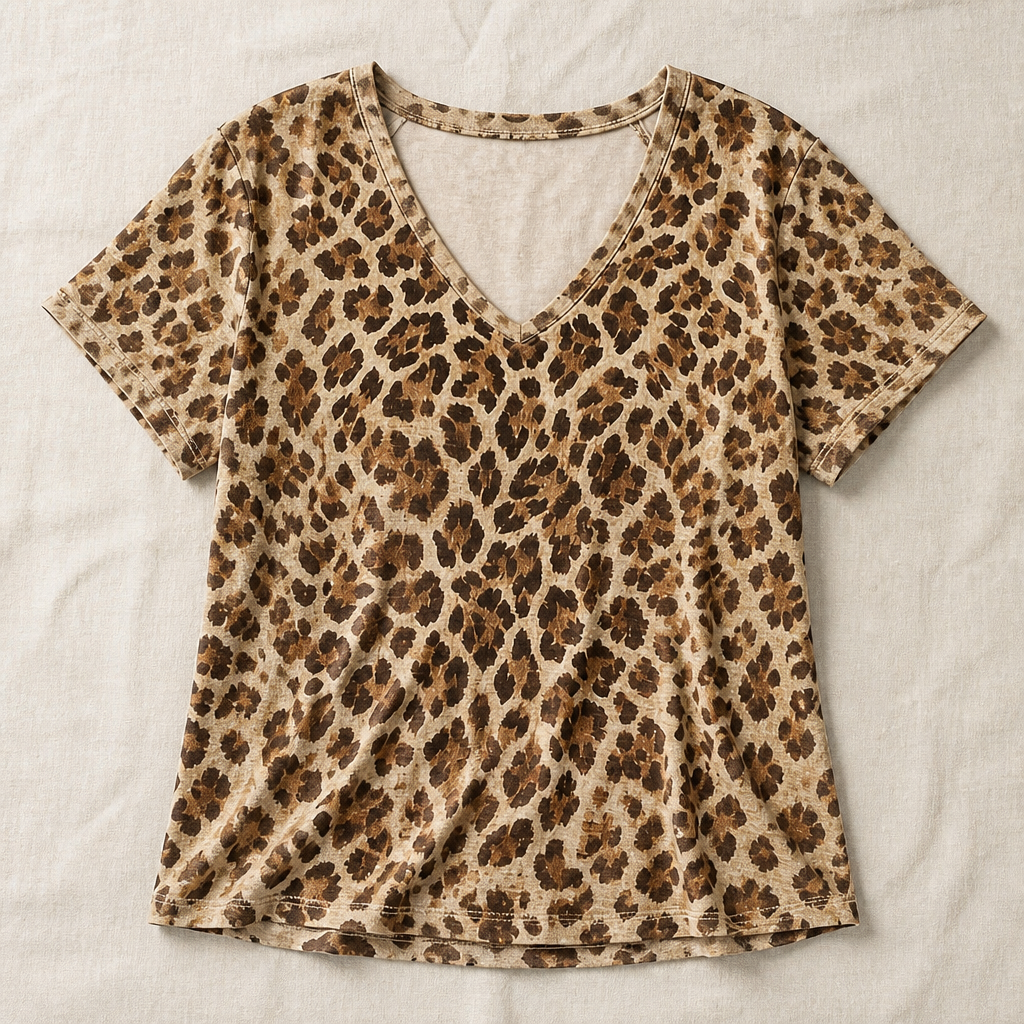 FierzaWear™ – Relaxed Leopard Print V-Neck Tee with Cutout Detail