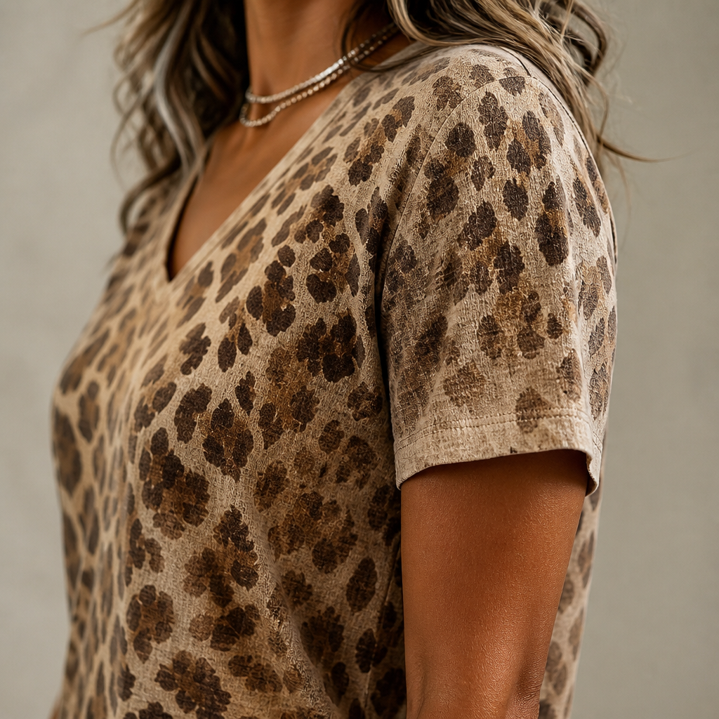 FierzaWear™ – Relaxed Leopard Print V-Neck Tee with Cutout Detail