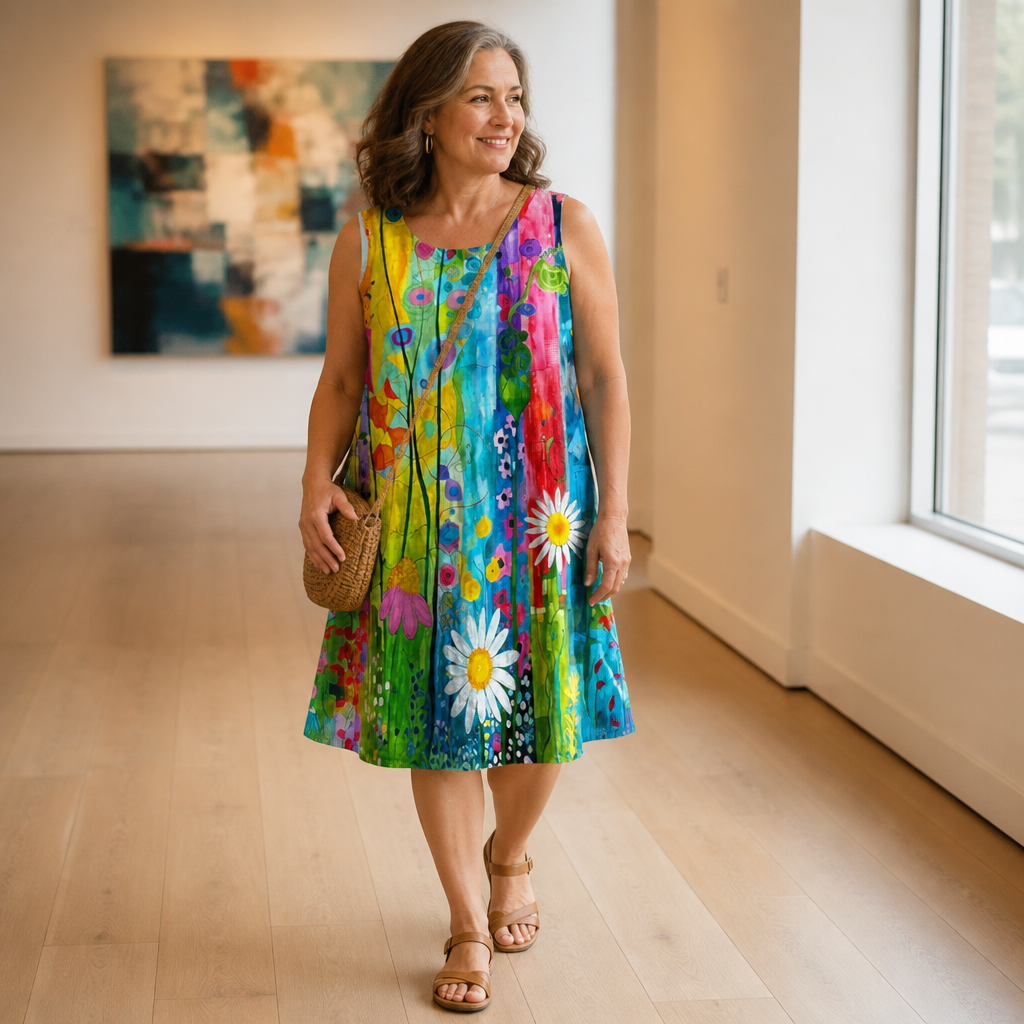 LuminaLuxe™ – Hand-Painted Floral Sleeveless A-Line Dress
