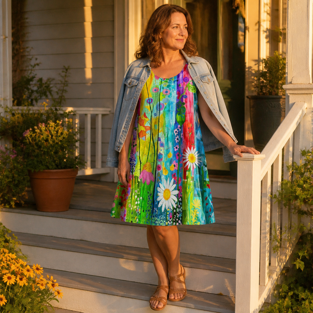 LuminaLuxe™ – Hand-Painted Floral Sleeveless A-Line Dress