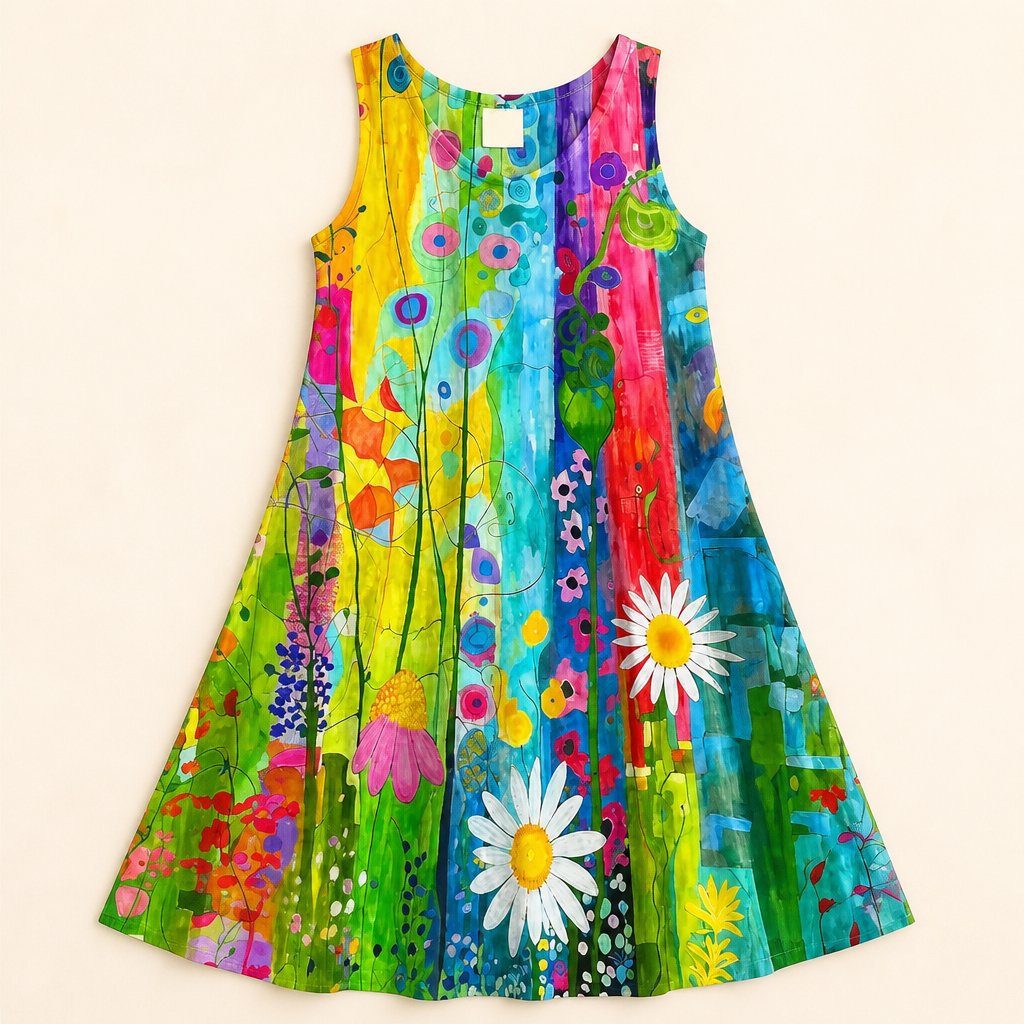 LuminaLuxe™ – Hand-Painted Floral Sleeveless A-Line Dress
