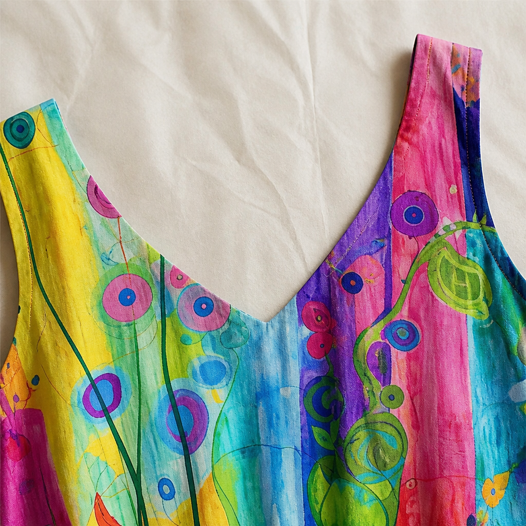 LuminaLuxe™ – Hand-Painted Floral Sleeveless A-Line Dress