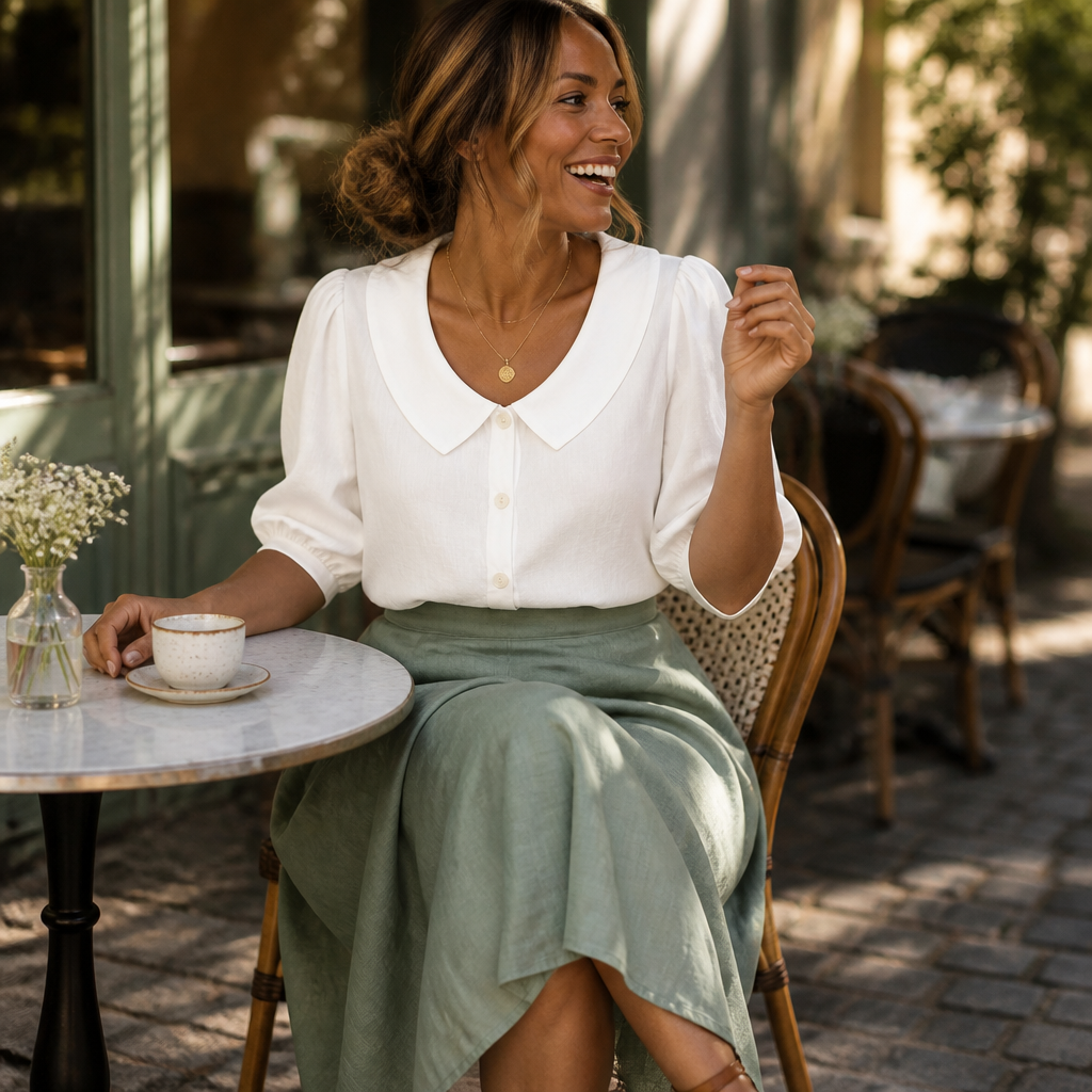 LuminaLuxe™ – Soft Peter Pan Collar Half-Sleeve Blouse