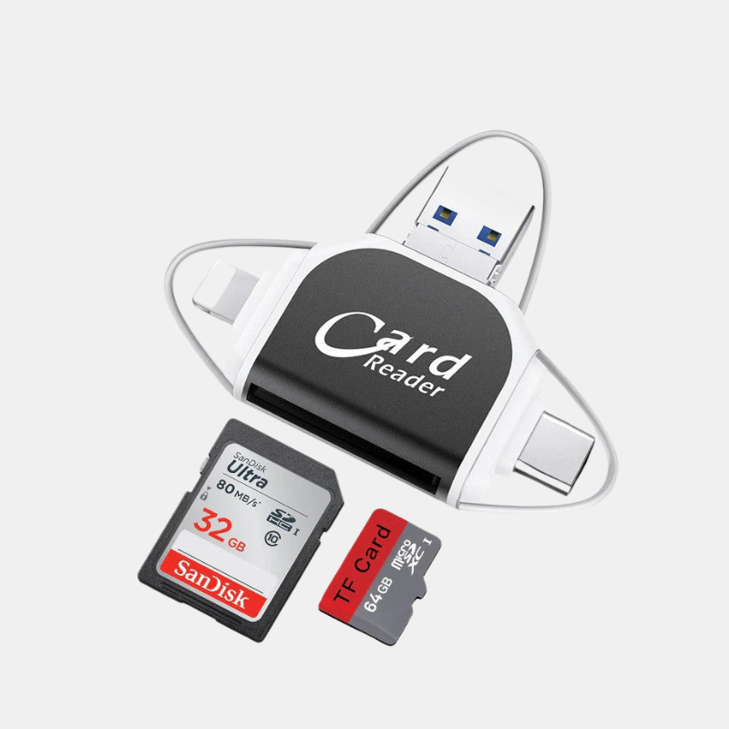 High-Speed 4-in-1 Card Adapter for Charging and Data Transfer – Compatible with Phones, Tablets, Laptops