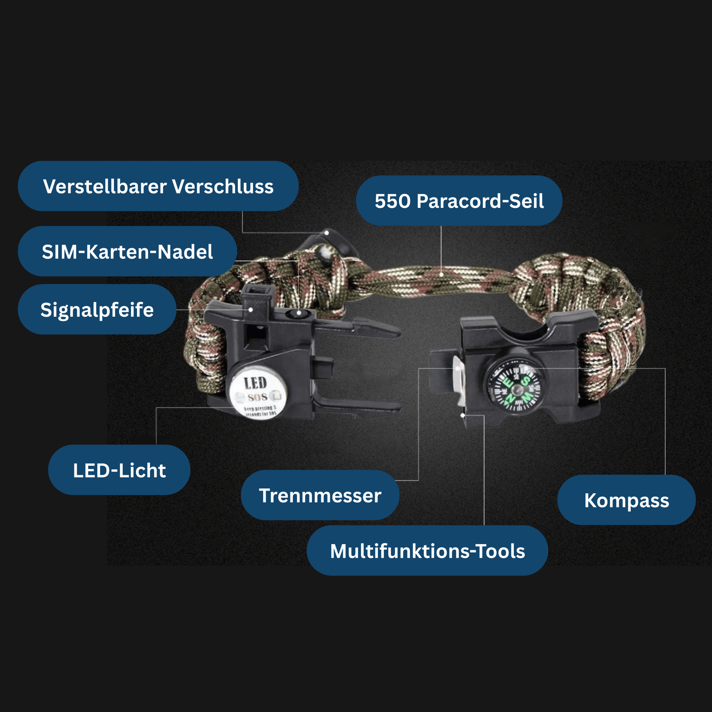 LED Compass Paracord Survival Bracelet