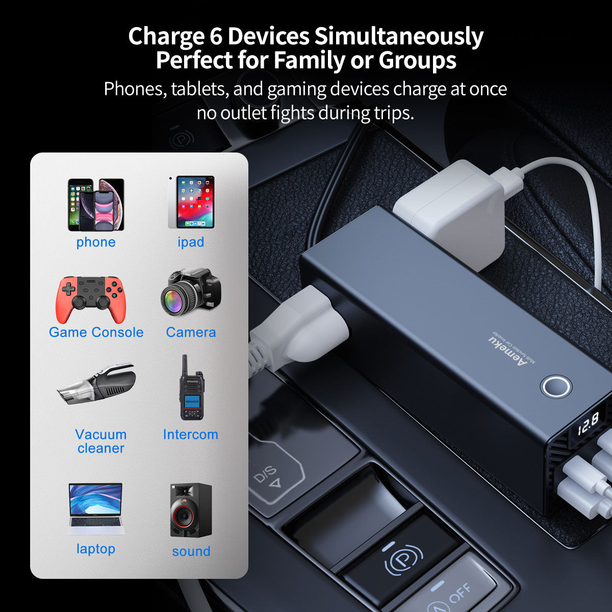 Car Power Inverter for Universal Use with Dual Quick Charge Ports