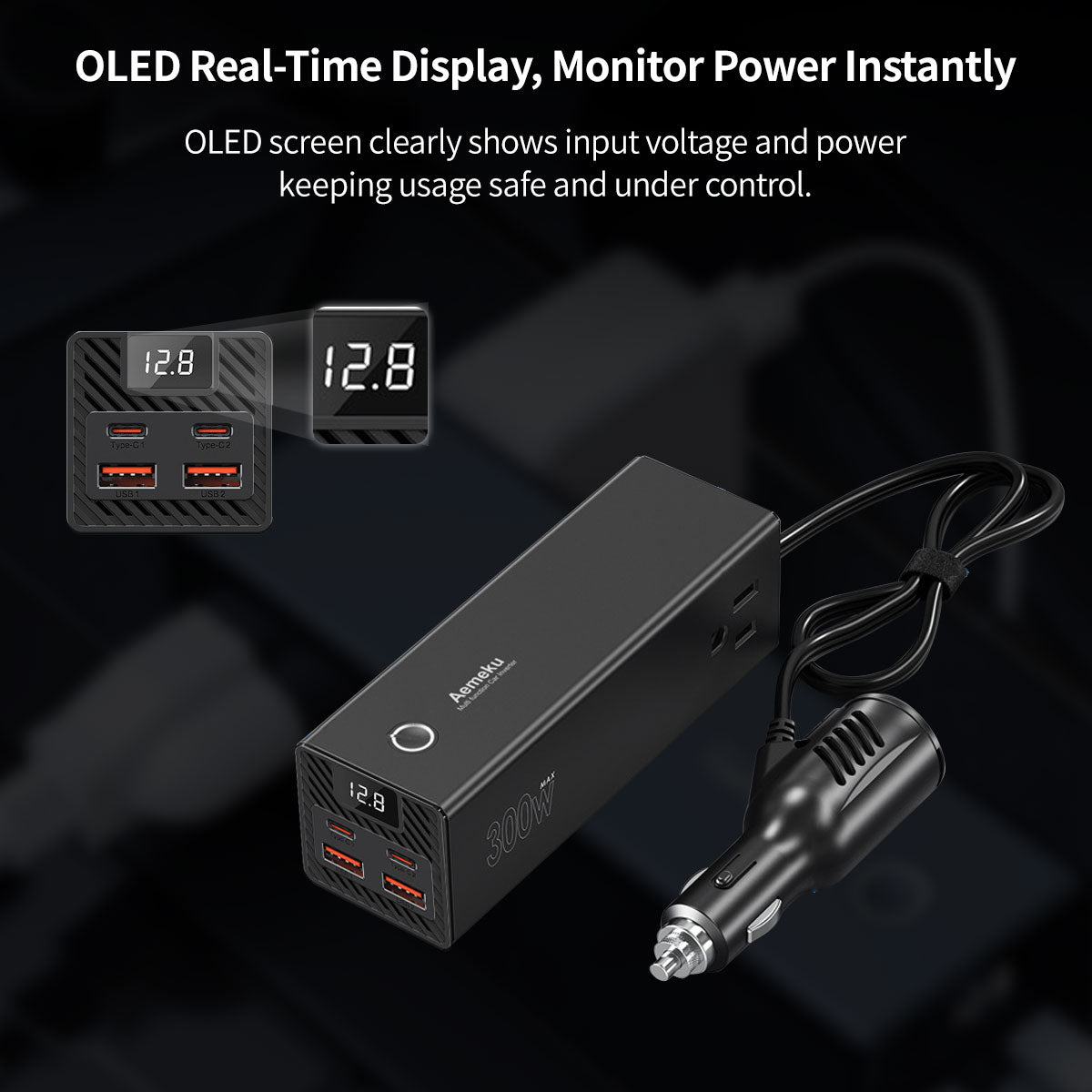 Car Power Inverter for Universal Use with Dual Quick Charge Ports