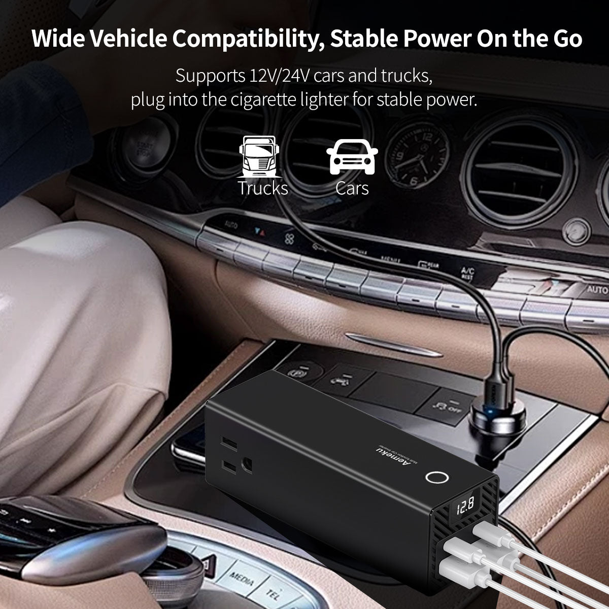 Car Power Inverter for Universal Use with Dual Quick Charge Ports
