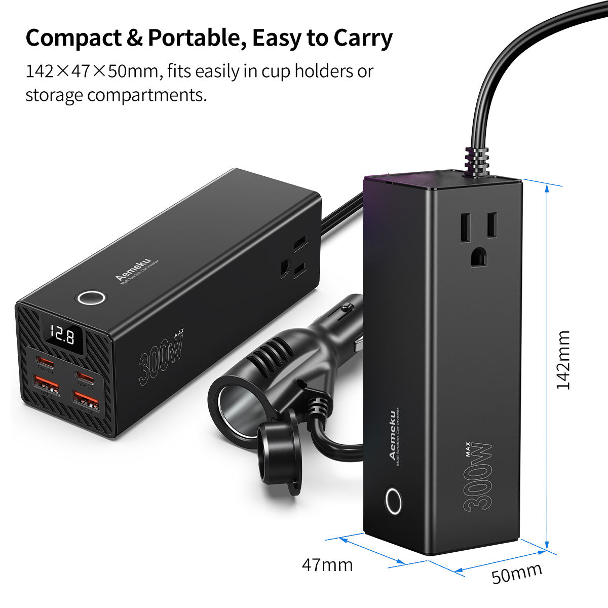 Car Power Inverter for Universal Use with Dual Quick Charge Ports