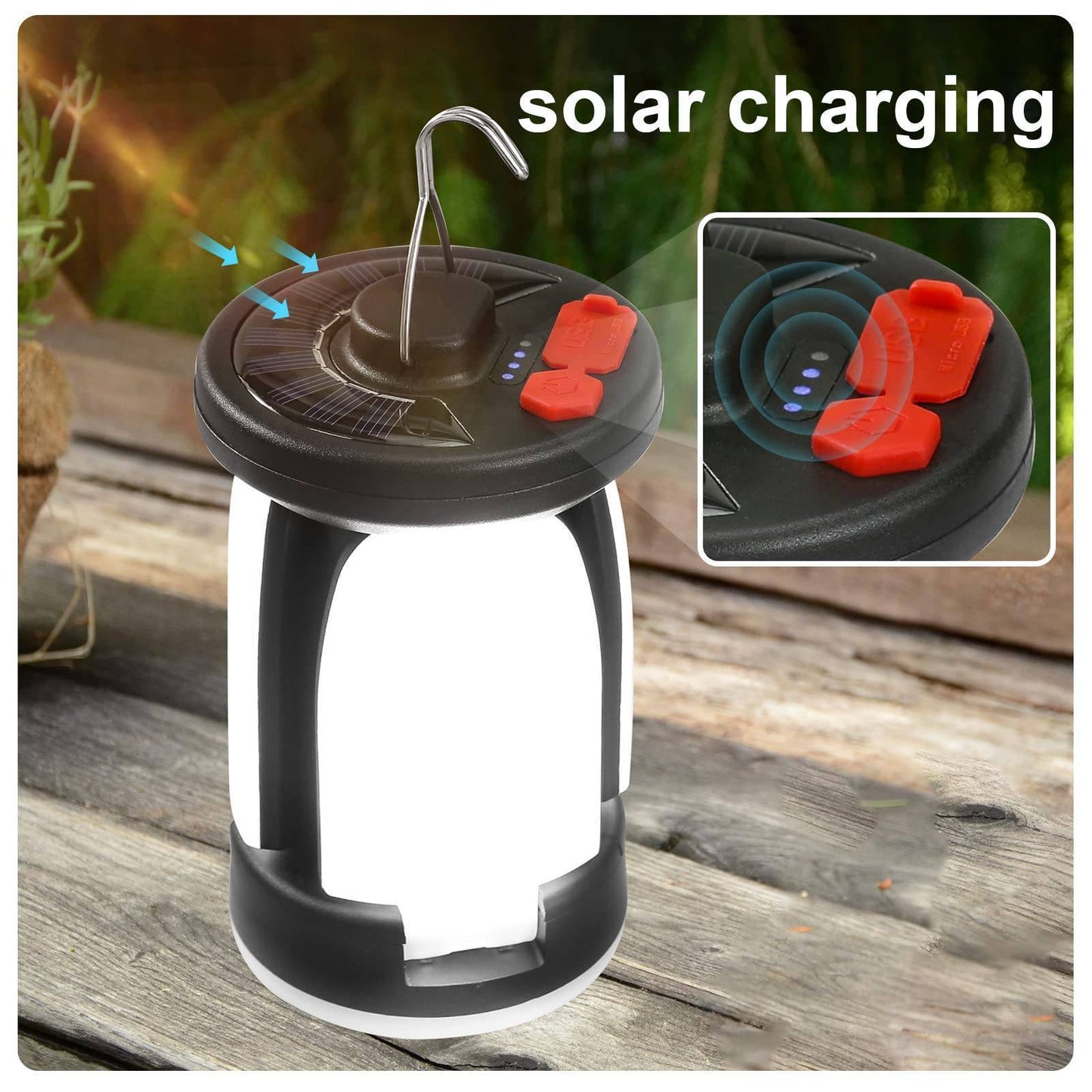 LED Camping Lantern with USB Rechargeable Battery and Solar Option